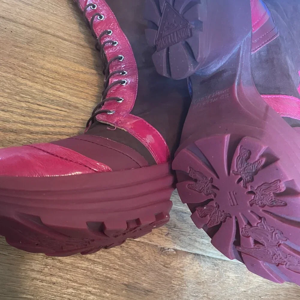 John Fluevog Jazzy Knee-High Pink Platform Lace-Up Boots Sz 10 - Picture 6 of 8